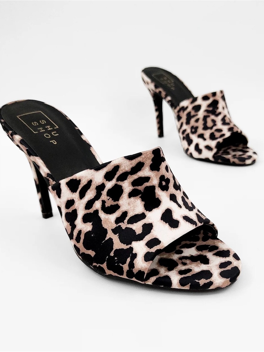 ShuShop Leopard Print Open-Toe High Heel Mules - Black & Cream